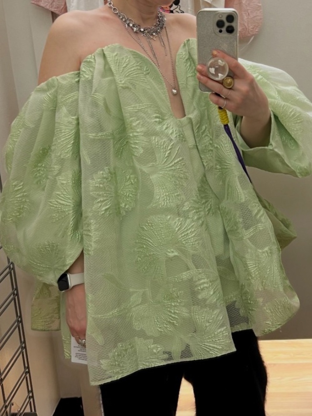 ASOS EDITION jacquard off the shoulder mini dress in light green - Picture 3 of 9